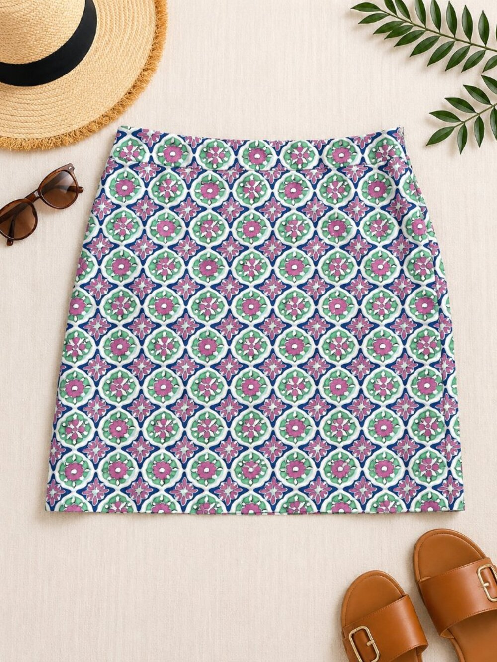 Talbots Size 14 Floral Geometric Skirt Pink Green Blue A-Line Summer